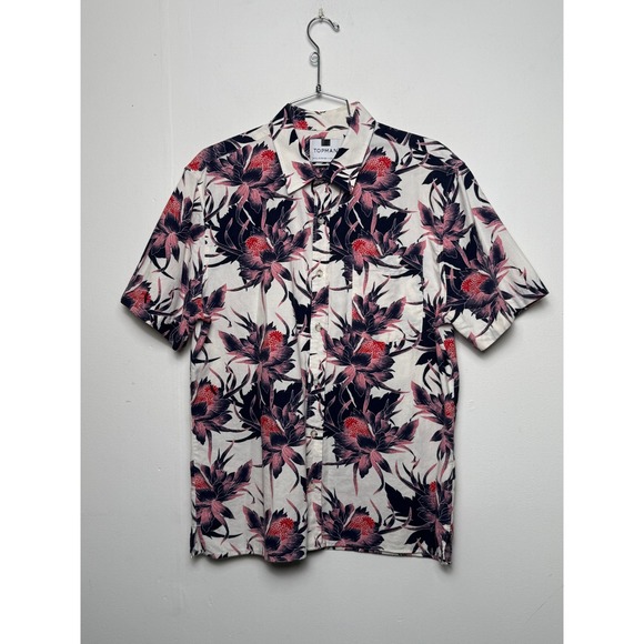 Topman Other - Topman Mens XL Floral Button Up Shirt Short Sleeve White Navy Red Cotton Casual